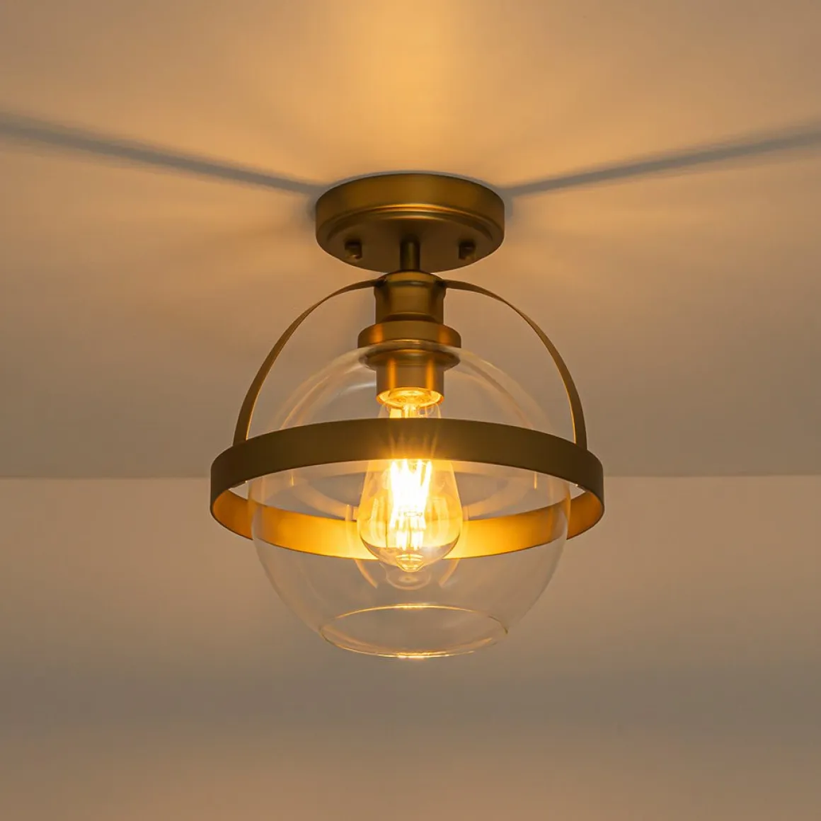 Brass 1-Light Clear Glass Sphere Globe Semi-Flush Mount