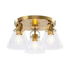Brass 3-Light Glass Conical Shade Round Ceiling Light