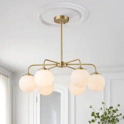 Brass 6-Light Milky White Globe Round Chandelier