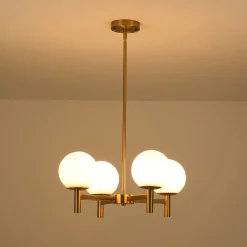 Brass 4-Light Opal Glass Globe Round Sputnik Chandelier