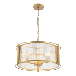 Brass 3-Light Ribbed Glass Drum Lantern Pendant Light