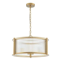 Brass 3-Light Ribbed Glass Drum Lantern Pendant Light