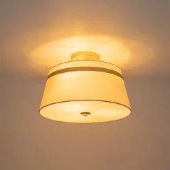 Brass 3-Light White Fabric Drum Cage Semi Flush Mount