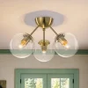 Brass Mid-Century 3-Light Glass Globe Semi Flush Mount