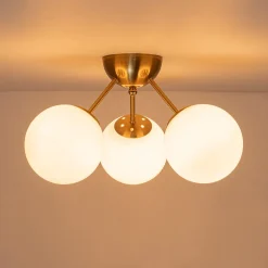 Brass Mid-Century 3-Light Glass Globe Semi Flush Mount