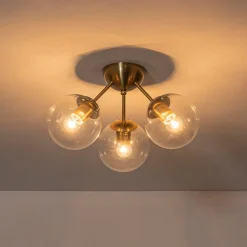 Brass Mid-Century 3-Light Glass Globe Semi Flush Mount