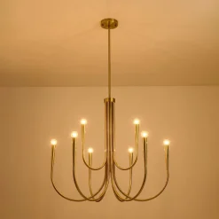 Brass Mid-Century Minimalist Tiered Candle Style Chandelier