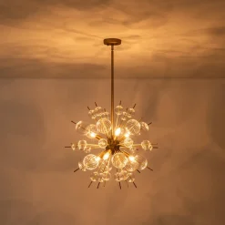 Brass Ribbed Glass Globe Bubble Sputnik Sunburst Chandelier