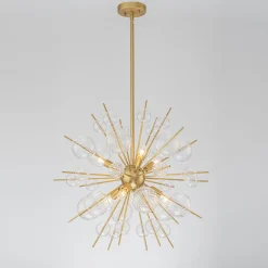Brass Ribbed Glass Globe Bubble Sputnik Sunburst Chandelier