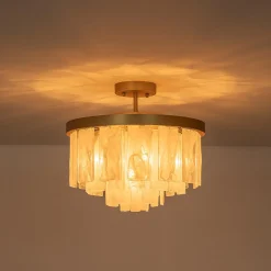 Brass Round Tiered Opal Swirl Glass Pendant Chandelier
