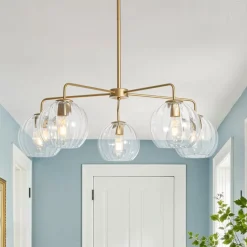 Brass Striped Ribbed Glass Globe 5-light Sputnik Chandelier