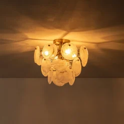Brass Tiered Opal Swirl Glass Semi Flush Chandelier