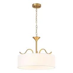 Brass White Fabric Drum Cage Semi Flush Dual Mount Chandelier