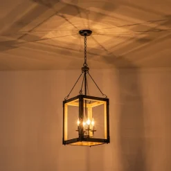 Candle Style Weathered Wooden Square Cage Pendant Light