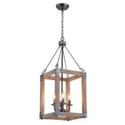 Candle Style Weathered Wooden Square Cage Pendant Light