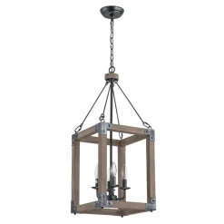 Candle Style Weathered Wooden Square Cage Pendant Light