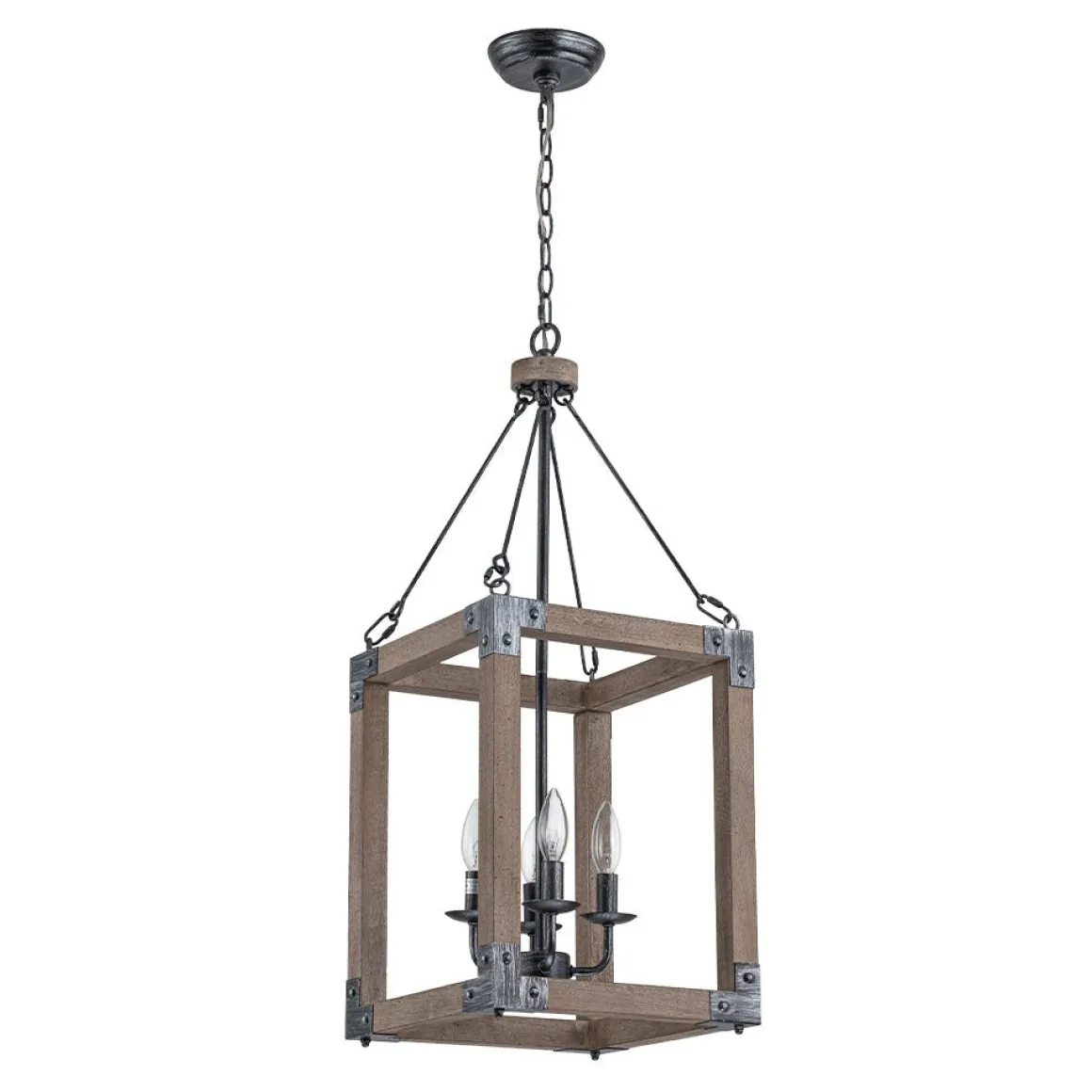 Candle Style Weathered Wooden Square Cage Pendant Light