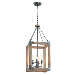 Candle Style Weathered Wooden Square Cage Pendant Light