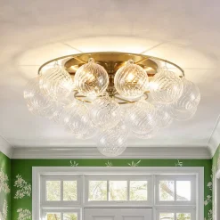 Cluster Ribbed Glass Bubble Round Tiered Semi Flush Chandelier