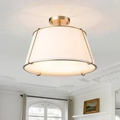 Contemporary Wide Linen Drum Brass Semi Flush Mount