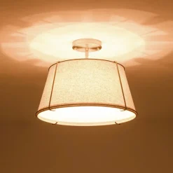Contemporary Wide Linen Drum Brass Semi Flush Mount