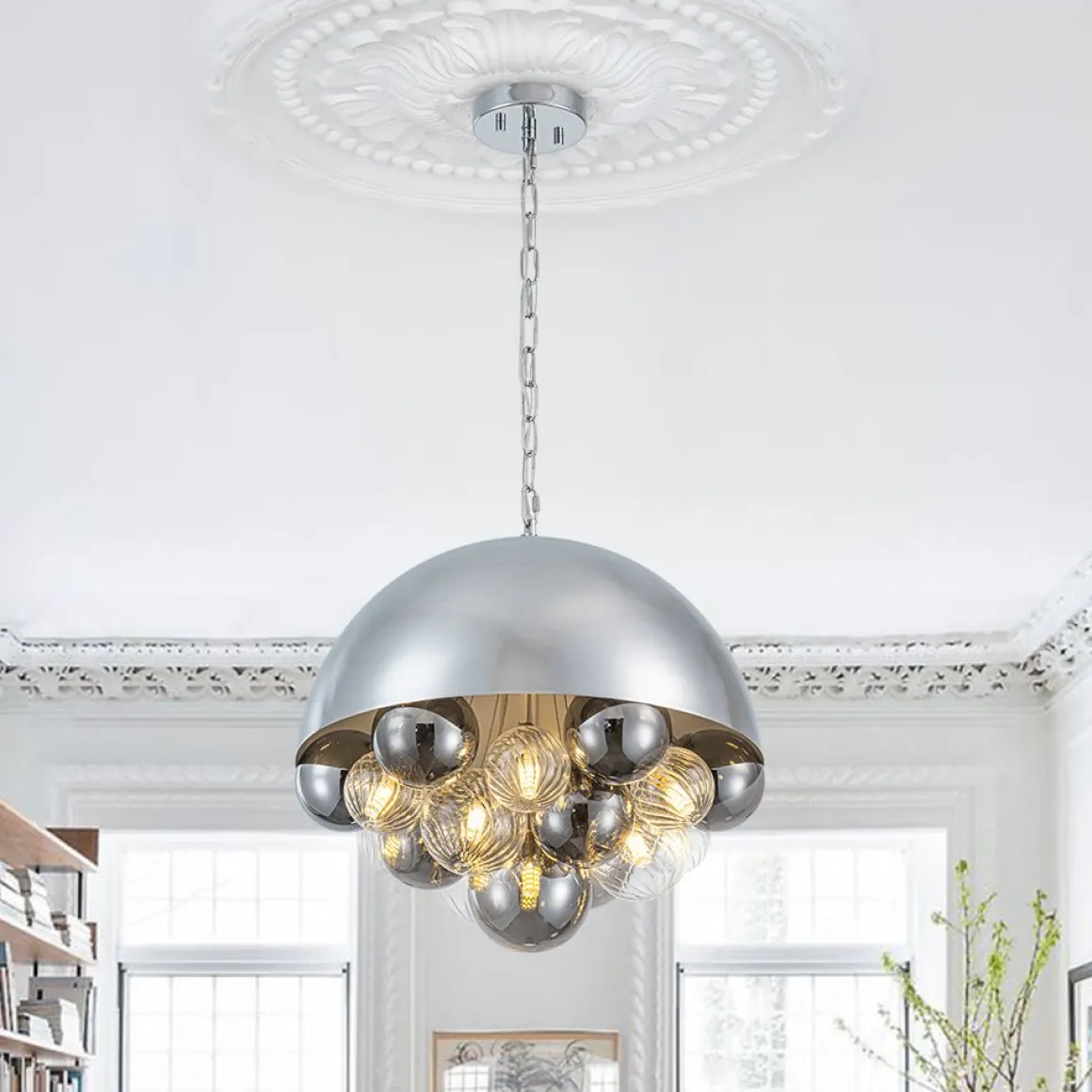 Designer Cluster Glass Globe Metal Dome Pendant Light