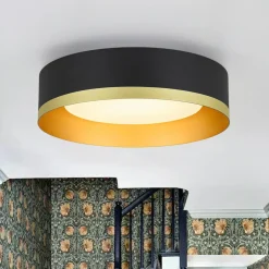 Dimmable LED Black Gold Iron Milky Glass Drum Flush Mount