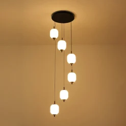 Dimmable LED Ribbed White Glass 6-Light Cluster Round Pendant