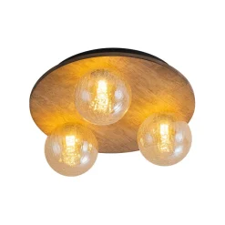 Farmhouse Amber Textured Glass Wooden Round Ceiling Light