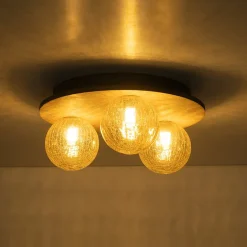 Farmhouse Amber Textured Glass Wooden Round Ceiling Light