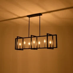 Farmhouse Candle Style Linear Rectangular Cage Island Chandelier