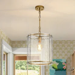 Farmhouse Clear Textured Glass Cylinder Cage Pendant