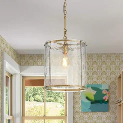 Farmhouse Clear Textured Glass Cylinder Cage Pendant