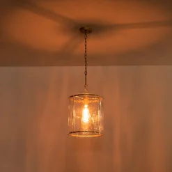 Farmhouse Clear Textured Glass Cylinder Cage Pendant