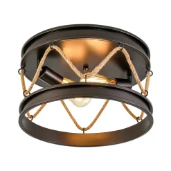 Farmhouse 2-Light Hemp Rope Iron Drum Cage Flush Mount