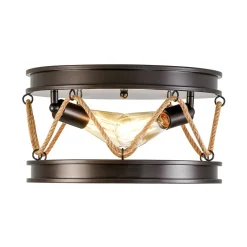 Farmhouse 2-Light Hemp Rope Iron Drum Cage Flush Mount