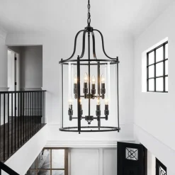 Farmhouse Wide Clear Glass Cylinder Cage Pendant