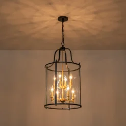 Farmhouse Wide Clear Glass Cylinder Cage Pendant