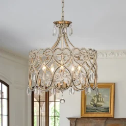French Antique 5-Light Crystal Accents Drum Chandelier