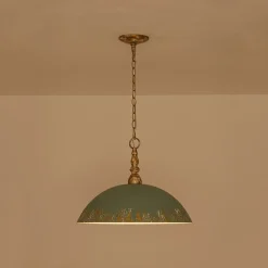 French Country Distressed Teal Gold Flat Dome Metal Pendant