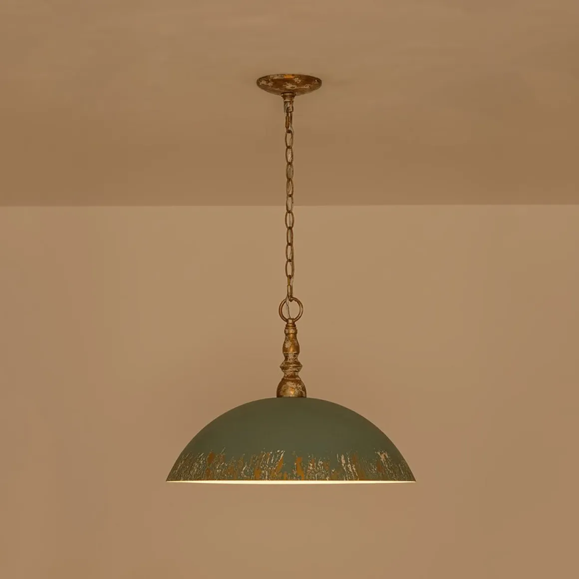 French Country Distressed Teal Gold Flat Dome Metal Pendant