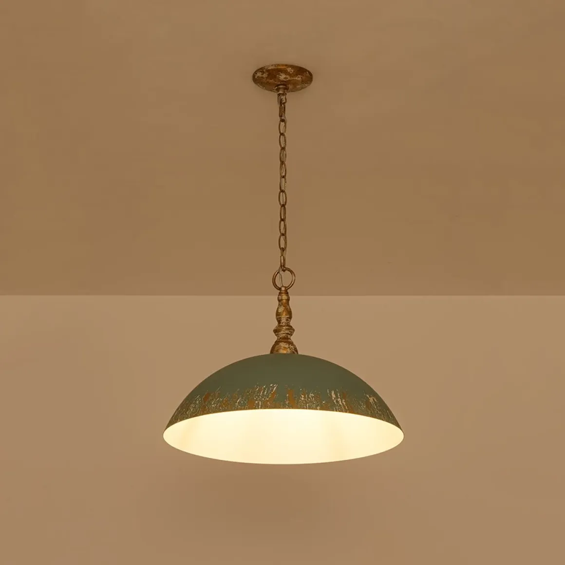 French Country Distressed Teal Gold Flat Dome Metal Pendant