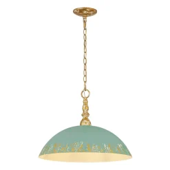 French Country Distressed Teal Gold Flat Dome Metal Pendant