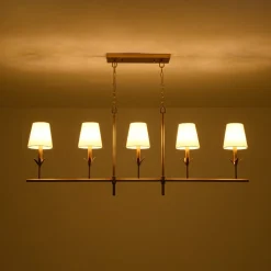 French Country 5-Light Fabric Shade Candle Linear Island Chandelier
