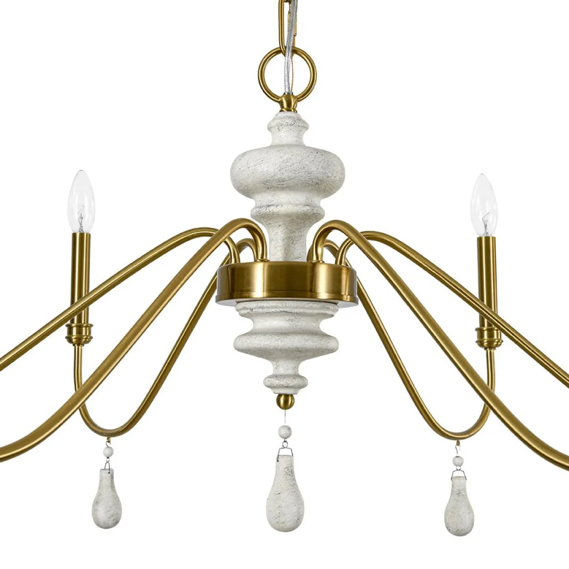 French Country White Wood Brass Iron Candle Chandelier