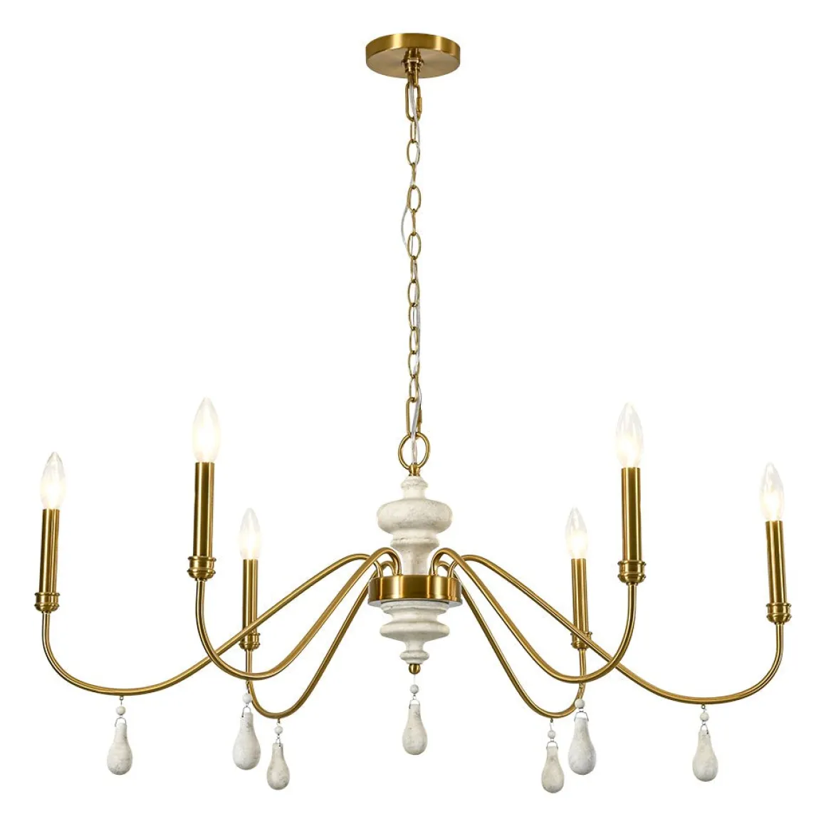 French Country White Wood Brass Iron Candle Chandelier