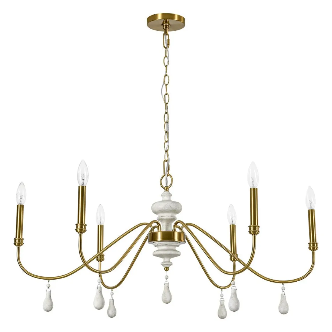 French Country White Wood Brass Iron Candle Chandelier