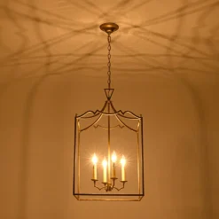 French Distressed Gold Candle Square Lantern Chandelier