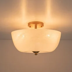 French 3-Light White Clouded Glass Round Semi Flush Mount