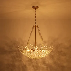 French Luxe Brass Bloom Crystal Floral Basket Chandelier